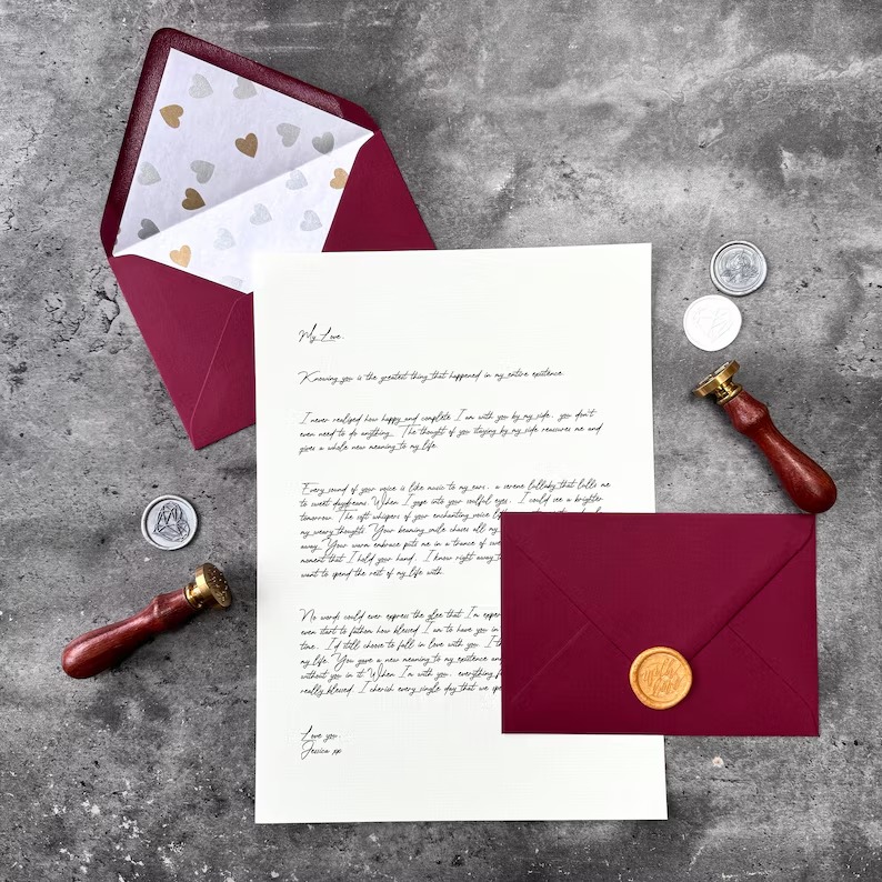 Carta manuscrita com envelopes vinho, lacre dourado e sinetes sobre uma superfície cinza